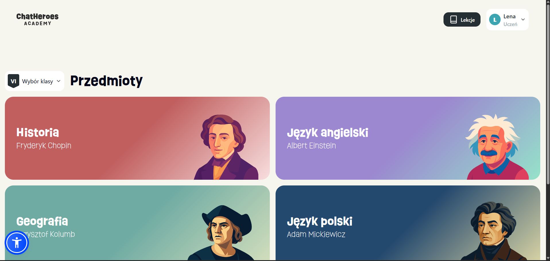 Zrzut ekranu platformy Chat Heroes Academy z listą przedmiotów